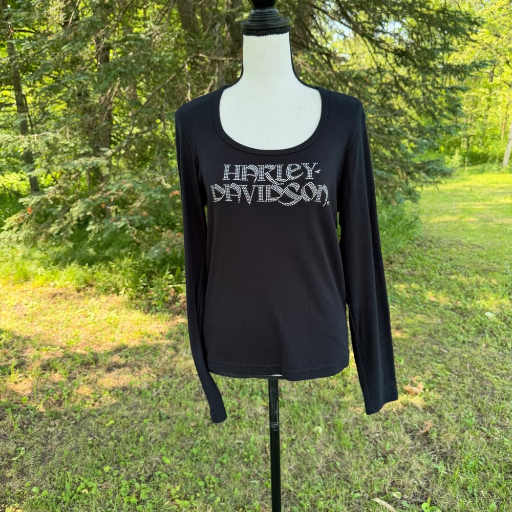 Harley-Davidson Long Sleeve Shirt Womens Black Studded Logo Duluth MN Scoop Neck